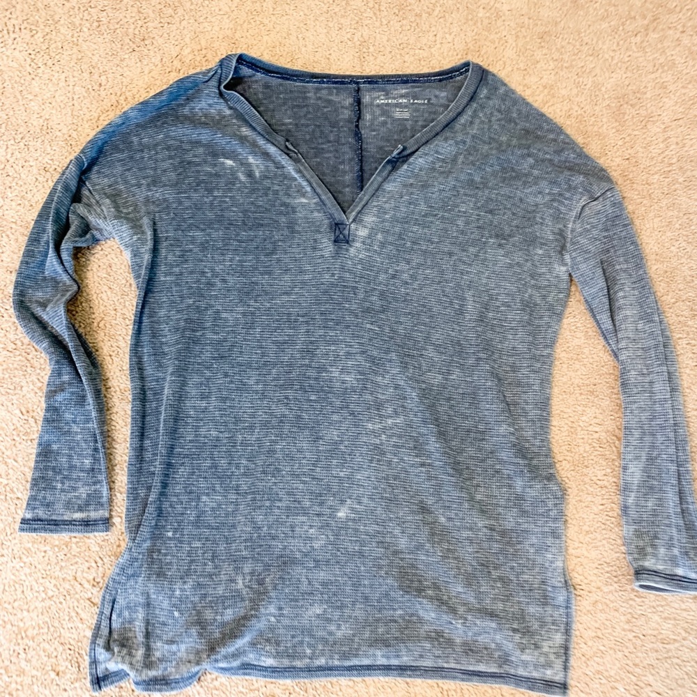 American Eagle Waffle Long Sleeve Distressed Shirt